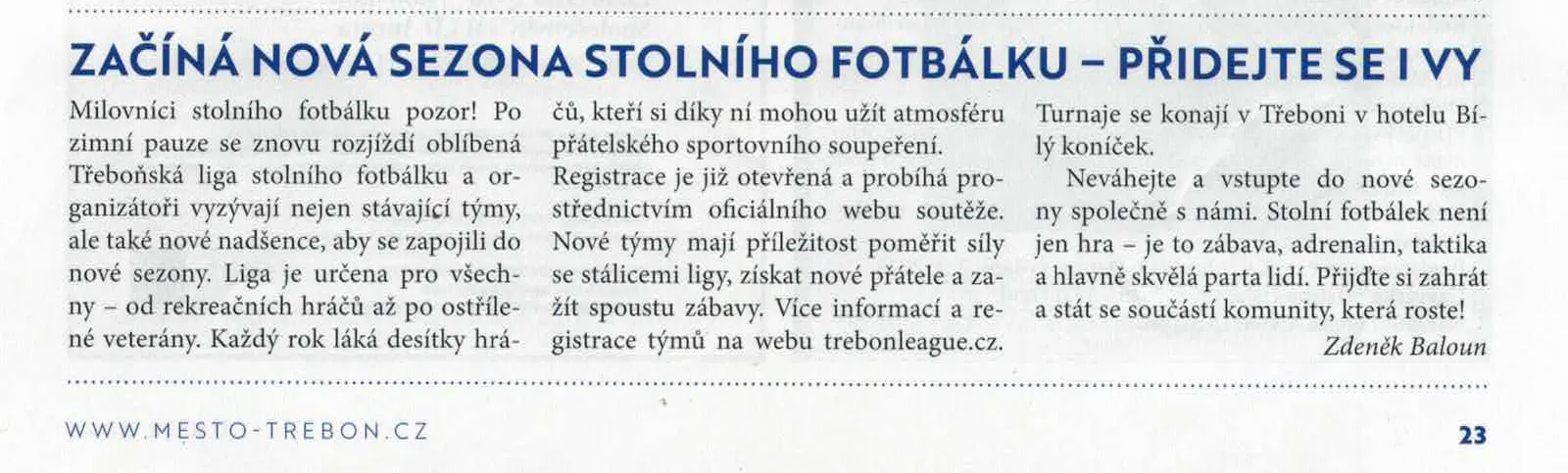 Článek o Třeboňské lize stolního fotbálku v periodiku Třeboňský svět